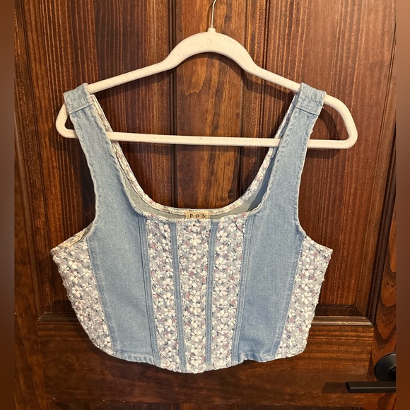 POL Tops - POL Cropped Denim Sleeveless Top, denim and floral lace detail, NWT, size large